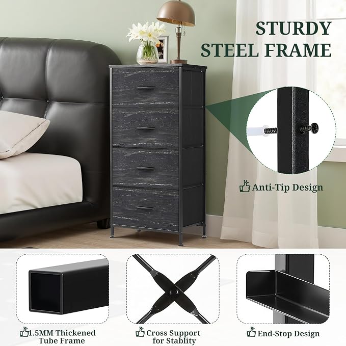 4 Drawers Dresser for Bedroom, Fabric Storage Tower Organizer with Wooden Top and Steel Frame, Tall Chest of Drawers for Closet, Entryway, Dorm, Charcoal Black