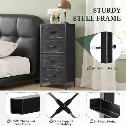 4 Drawers Dresser for Bedroom, Fabric Storage Tower Organizer with Wooden Top and Steel Frame, Tall Chest of Drawers for Closet, Entryway, Dorm, Charcoal Black