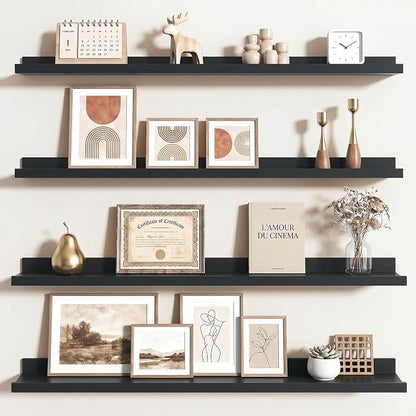 Axeman Picture Ledge Shelf | 40 Inch Floating Shelves Set of 4 | Black Wall Shelves with Lip | Black Picture Shelf for Wall with Ledge | Wood Photo Ledges for Living Room Bedroom