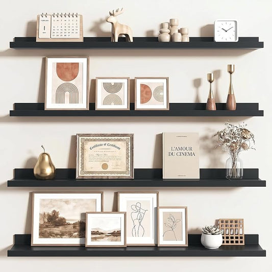 Axeman Picture Ledge Shelf | 40 Inch Floating Shelves Set of 4 | Black Wall Shelves with Lip | Black Picture Shelf for Wall with Ledge | Wood Photo Ledges for Living Room Bedroom
