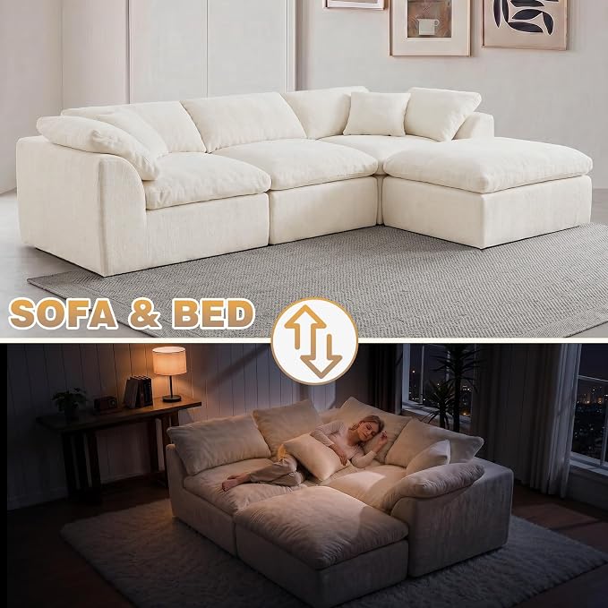 110" Boneless Cloud Couch Sectional for Living Room, Oversized Modular L Shaped Sofa with Ottoman, Deep Seat Chenille Sectional Couch for Cloud-Like Comfort (Beige)