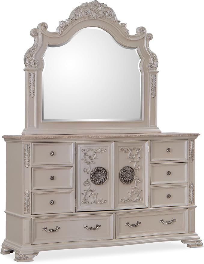 First of a Kind Santa Monica Traditional 5 Piece Queen Bedroom Set with Upholstered Tufted Headboard Elegant Classic Design Coordinated Furniture Collection, White