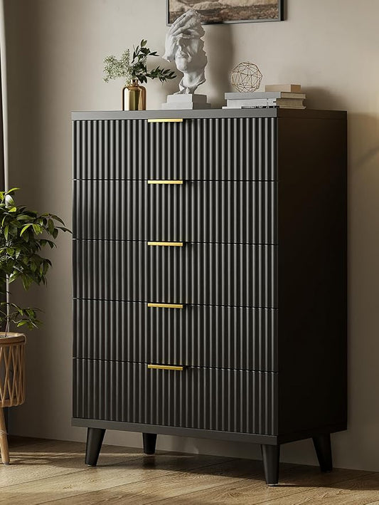 Lulive Black Dresser for Bedroom Wood Tall Dressers Drawers, Fluted Modern Dresser 5 Drawers Black