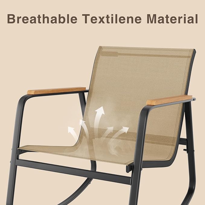 Ahomly 3-Piece Outdoor Rocking Bistro Set, Outdoor Patio Furniture Set with Textilene Fabric, Patio Rocking Chairs and Glass Table for Garden Balcony Backyard Poolside Brown