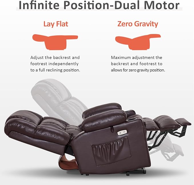 MCombo Dual Motor Power Lift Recliner Chair for Elderly, Lay Flat Lift Chair with Heat and Massage, Cup Holders, USB Ports, Faux Leather 7890 (Dark Brown, Medium)
