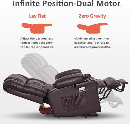 MCombo Dual Motor Power Lift Recliner Chair for Elderly, Lay Flat Lift Chair with Heat and Massage, Cup Holders, USB Ports, Faux Leather 7890 (Dark Brown, Medium)