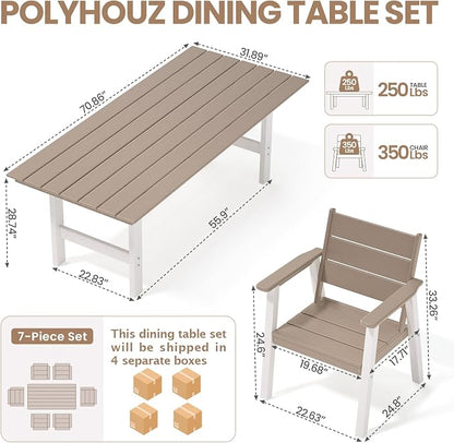 Outdoor Dining Set,7-Piece Patio Table and Chairs Set for 6, HDPE Outdoor Dining Table and Chairs with Umbrella Hole, All-Weather Patio Dining Furniture Set,White Brown
