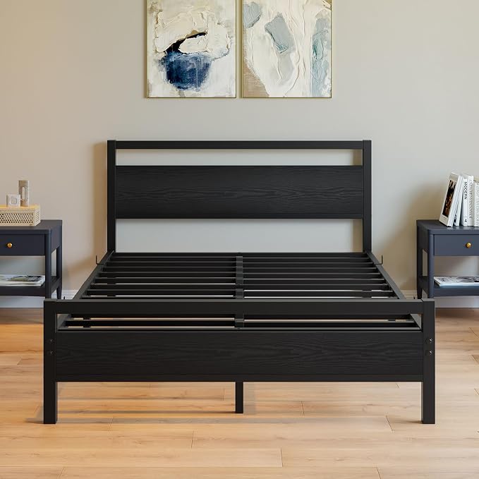 BOFENG Full Size Bed Frame with Wood Headboard,Heavy Duty Platform Bed Frame Full with Storage No Box Spring Needed,Reinforced Steel Slats Support,Mattress Foundation,Black