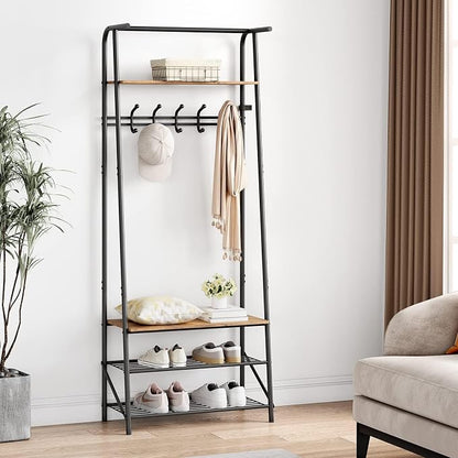 Jojoka Coat Rack Hall Tree with Shoe Storage Bench, 4-in-1 Entryway Organizer with 10 Hooks & 3-Tier Shoe Rack, Sturdy Metal Frame Freestanding Storage Unit for Hallway, Front Door & Mudroom