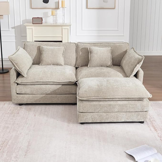 76.7" Modular Sectional Sofa with Ottoman, Modern L Shaped Sectional Couch, Comfy Cloud Couch for Living Room, Loveseat Chenille Deep Seat Sofa with Pillow for Bedroom Apartment, Small Spaces, Camel