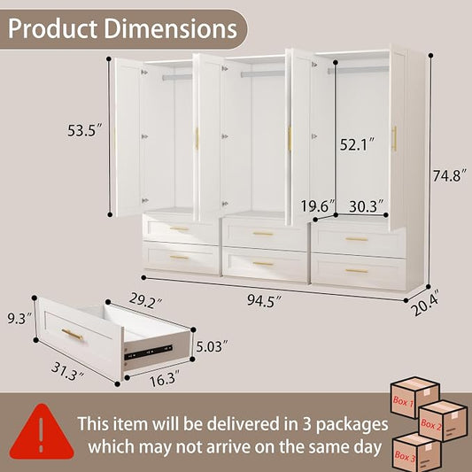 Armoire Wardrobe Closet with Drawers: 75" White Wardrobe Closet with 6 Doors and 6 Drawers, Wood Armoire Closets Cabinet for Hanging Clothes, Bedroom Armoires with Hanging Rod (94.5")