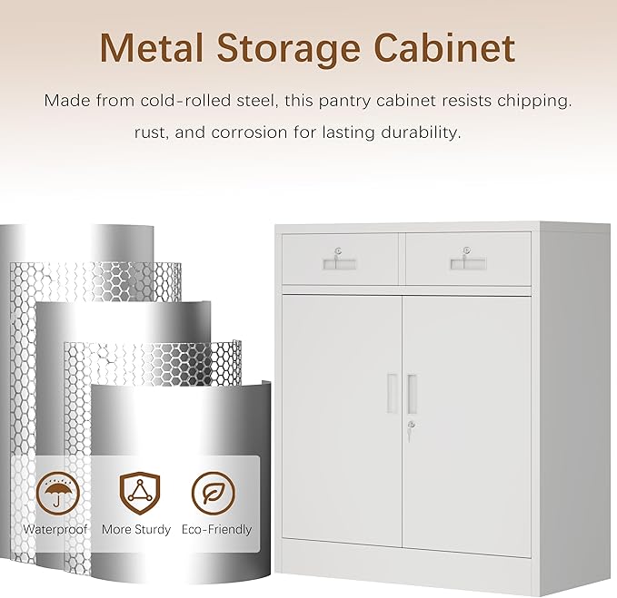 Locking Storage Cabinet, 36" H Metal Storage Cabinet, Metal Garage Storage Cabinet for Home, School, Office, Garage, White
