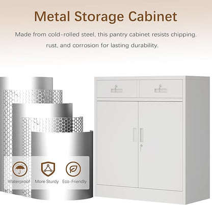 Locking Storage Cabinet, 36" H Metal Storage Cabinet, Metal Garage Storage Cabinet for Home, School, Office, Garage, White