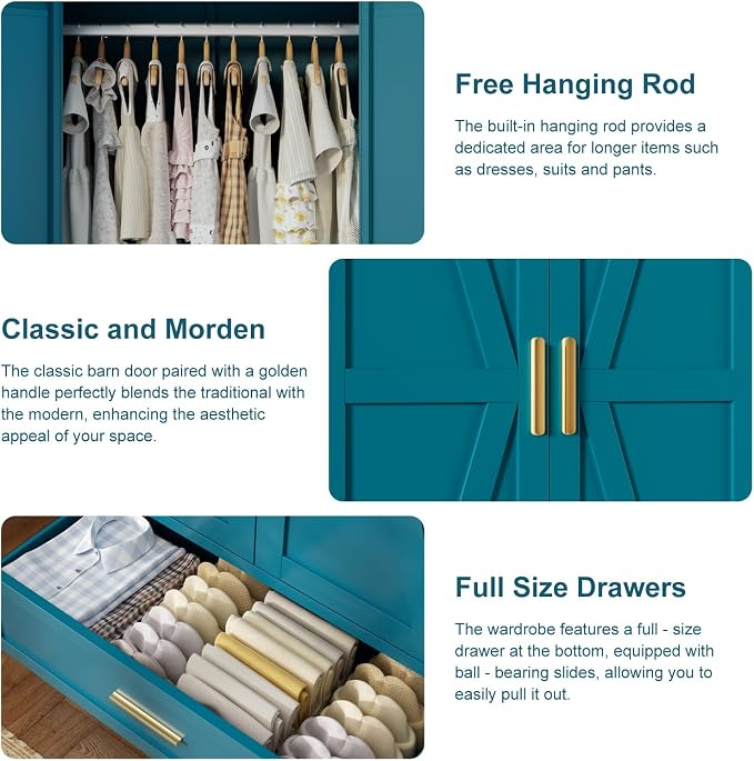 COFaR 71 Farmhouse Metal Wardrobe Closet with Hanging Rod, 2 Barn Doors, Adjustable Shelves, Steel Armoire with Drawer for Home, Bedroom Green