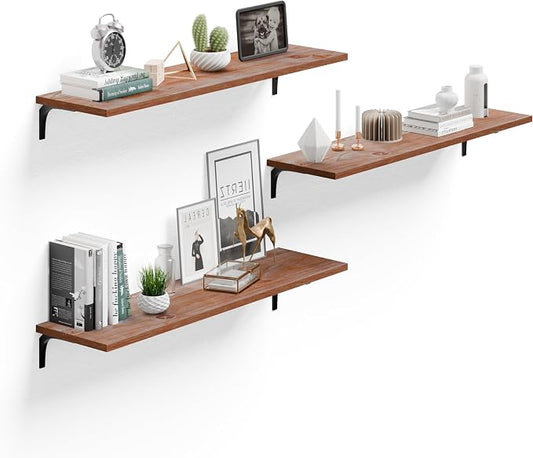 Deep Floating Shelves, 12 Inch Extra Wide Solid Wood Wall Shelves, Heavy Duty Wall Mounted Bookshelf for Living Room, Kitchen and Bedroom, Set of 3 (36 Inch, Brown)