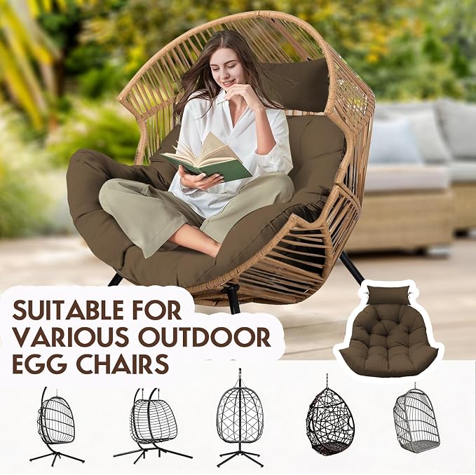Outdoor Hanging Egg Chair Cushion Replacement, Thicken Egg Chair Cushion Waterproof Basket Eggs Chairs Cushion with Headrest Pillow, U-Shaped Cushions for Hanging Eggs Chairs Swing (Brown)