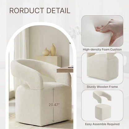 KISLOT Upholstered Dining Chairs Set of 2, Modern Arm Kitchen & Dining Room Chairs with Hidden Casters, Linen Fabric Padded Rolling Chairs, Sturdy Wood Frame, 300 lbs Capacity, Cream Beige