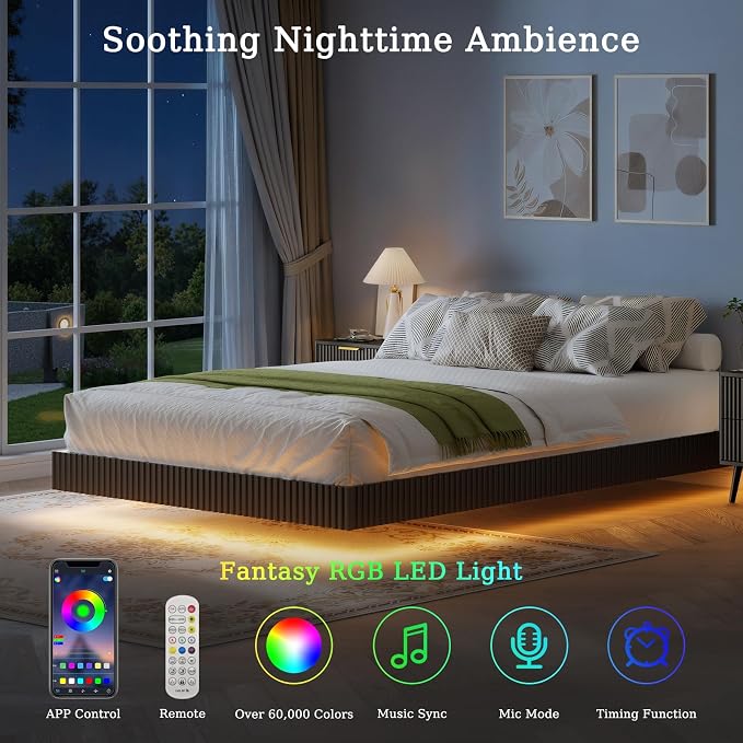 LYNSOM 3 Pieces Queen Bedroom Set, Floating Bed Frame with Smart LED Lights & Nightstand Set of 2, Fluted Bedroom Furniture Set for Home, Bedroom, Black