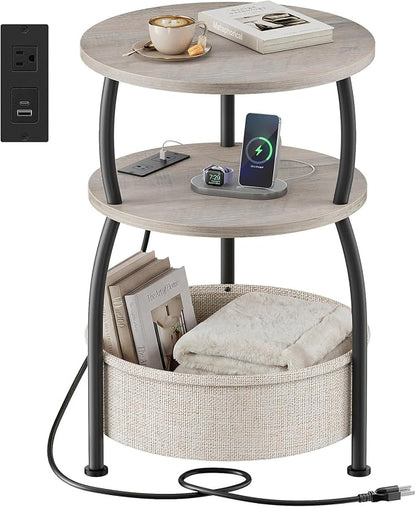 Round Side Table with Charging Station, USB Type C Port, Greige | End Table with Power Outlet and Basket, Space Saving, 3-Tier Nightstand, Corner Stand, for Living Room, Bedroom, Patio