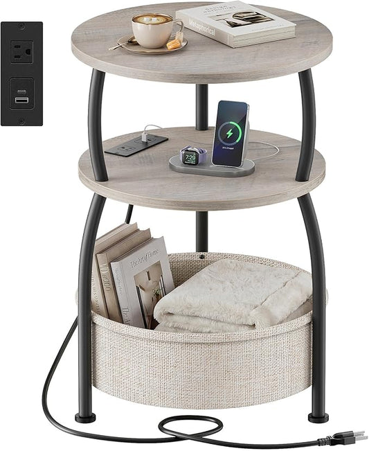 Round Side Table with Charging Station, USB Type C Port, Greige | End Table with Power Outlet and Basket, Space Saving, 3-Tier Nightstand, Corner Stand, for Living Room, Bedroom, Patio