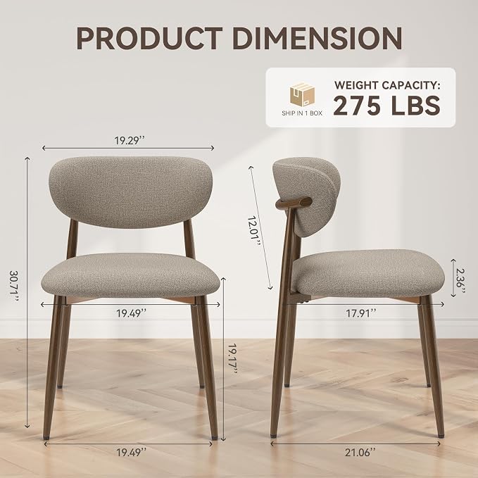 MALOL Dining Chairs Set of 2, Curved Back Kitchen Room Chairs with Metal Legs and Anti Slip Pads, Upholstered Dining Chair for Home and Restaurant, Camel