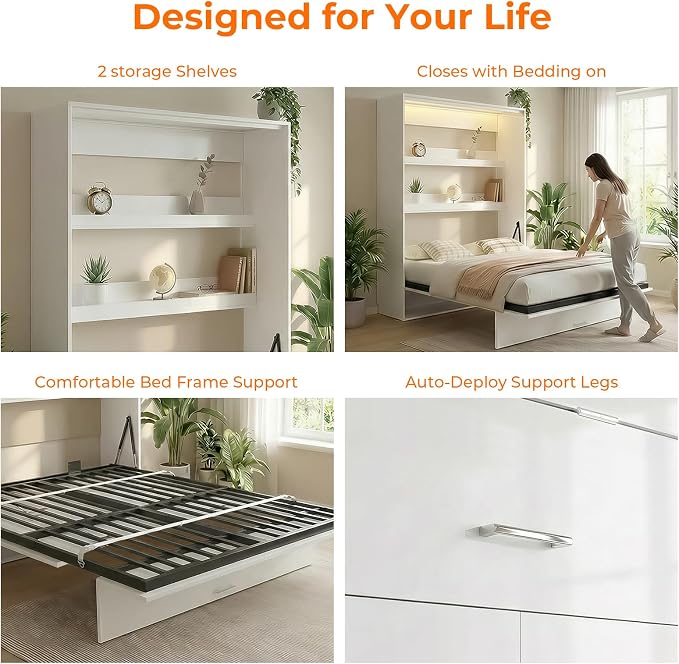 CECER Queen Vertical Murphy Wall Bed，Space Saving for Offices/Guest-White | Durable Gas-Lift for smooth folding，16 Color Controllable LED Lights，Sturdy frame ＆ Easy Assemble，High Gloss Panel