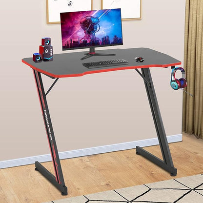 BestOffice Gmaing Desk 35.4in PC Computer Desk Z Shaped Gaming Workstation Ergonomic Gaming Table with Headphone Hook for Home Office, Red