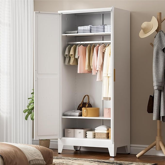 LCAOPC 71" Tall Metal Wardrobe Closet with Adjustable Shelves and Hanging Rod, 2 Doors Free Standing Armoire Wardrobe Cabinet for Bedroom, Office, Laundry Room, White