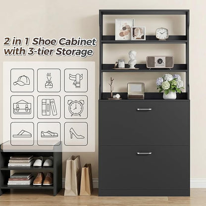 IRONCK Tall Shoe Cabinet with 2 Flip Drawers, Narrow Hidden Shoe Storage Cabinet with Shelves, Slim Freestanding Shoe Organizer for Entryway, Hallway, Black