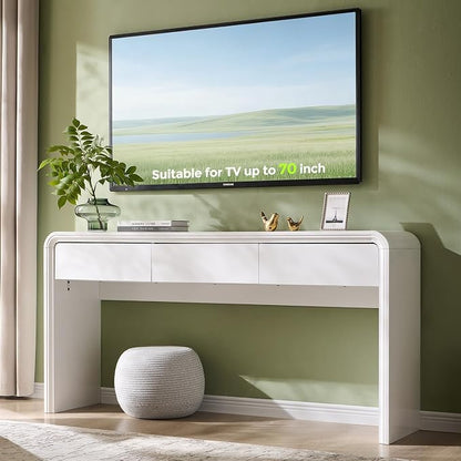 Aitjunz 63'' Console Table with 3 Drawers, Modern Entryway Table with Curved Profile Design, Narrow Long Wood Sofa Table Behind Couch Table for Living Room, Hallway, Foyer, White