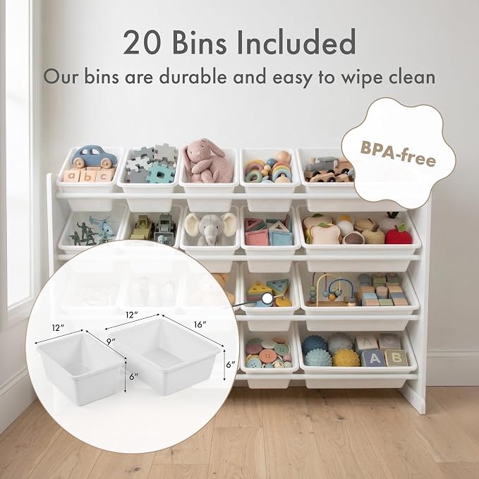 Humble Crew Toy Storage Organizer with 20 Removable Storage Bins for Kids Playroom, 4-Tier Toddler Toy Organization, White/White
