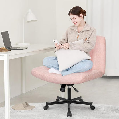 Orange Factory Criss Cross Chair Wheels Wide Cross Legged Office Desk Vanity Chair Comfy Fabric Armless Adjustable Swivel for Home Computer Task (Pink Wheel, Fabric)