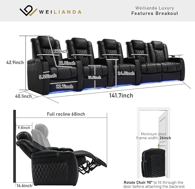 Weilianda Home Theater Seating Top Grain Leather Zero Gravity Recliner Chair Power Headrest Recline Movie Seat Gaming 7 Colors Mood Light Sofa with Tray Table USB Charge Row of 5 Loveseat Right Black