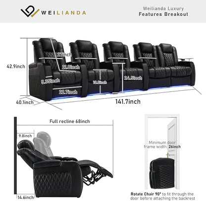 Weilianda Home Theater Seating Top Grain Leather Zero Gravity Recliner Chair Power Headrest Recline Movie Seat Gaming 7 Colors Mood Light Sofa with Tray Table USB Charge Row of 5 Loveseat Right Black