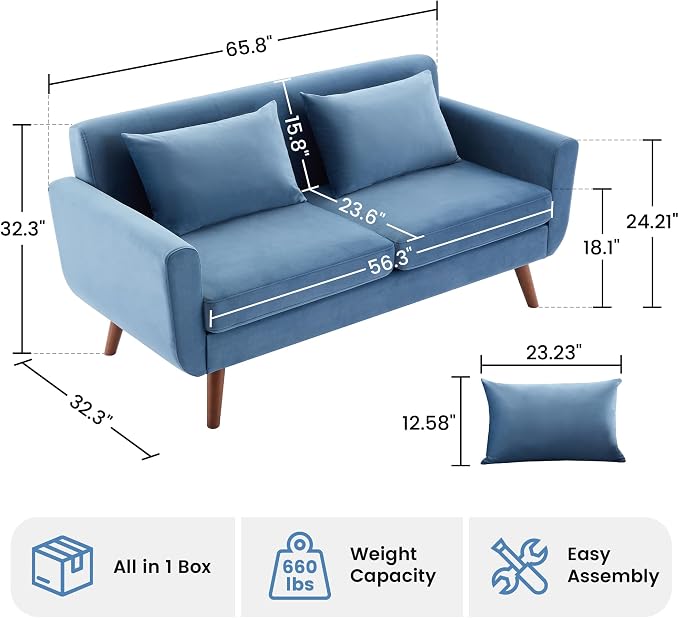 Tbfit 65" W Loveseat Sofa, Velvet Mid Century Modern Love Seat Couches for Living Room, Button Tufted Upholstered Small Couch for Bedroom, Solid and Easy to Install Love Seats Furniture, Blue | linen fabric