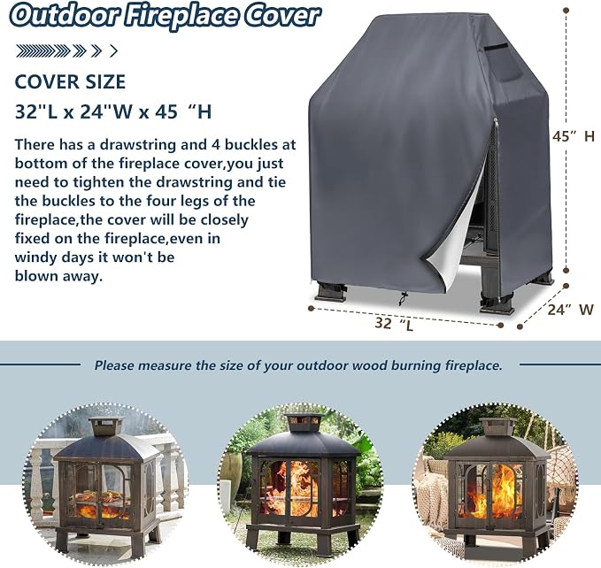 Outdoor Fireplace Cover,Heavy Duty 600D Waterproof Wood Burning Fireplace Cover,Square Chiminea Fireplace Covers 32" L x 24" W x 45" H,Grey