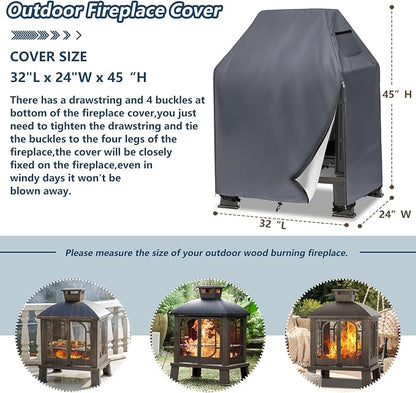 Outdoor Fireplace Cover,Heavy Duty 600D Waterproof Wood Burning Fireplace Cover,Square Chiminea Fireplace Covers 32" L x 24" W x 45" H,Grey