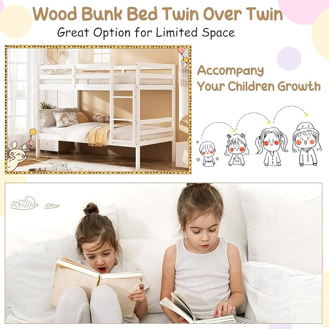 NAFORT Bunk Bed Twin Over Twin, Solid Wood Bunk Bed with Ladder and Safety Rails, Wooden Bed Frame for Kids Teens or Guests, Space-Saving Furniture for Bedroom Dorm, White