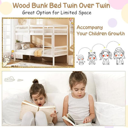 NAFORT Bunk Bed Twin Over Twin, Solid Wood Bunk Bed with Ladder and Safety Rails, Wooden Bed Frame for Kids Teens or Guests, Space-Saving Furniture for Bedroom Dorm, White