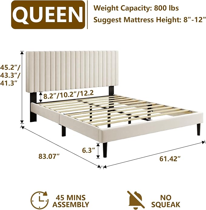 Sismplly Queen Size Bed Frame with Velvet Upholstered Headboard, Platform Bed with Strong Wood Slats, Mattress Foundation, Box Spring Optional, Easy Assembly, Beige