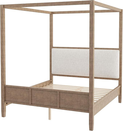 Merax King Size Canopy Bed with Upholstered Headboard, Wooden Platform Bed Frame with 4-Posters, Solid Wood Slat Support, No Box Spring Needed