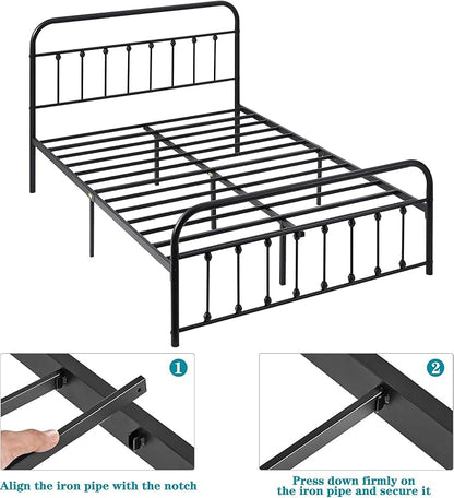 VECELO Black Metal Bed Frame Full Size with Vintage Headboard and Footboard, No Box Spring Needed, Premium Stable Steel Slat Support Mattress Foundation