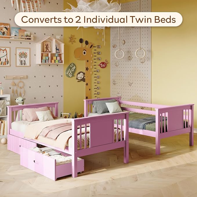 Bunk Bed Twin Over Twin, Convertible Wood Bunk Beds with 2 Storage Drawers, Solid Wood Slats, Widened Guardrail, Sturdy Ladders, No Box Spring Needed, Pink