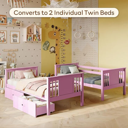 Bunk Bed Twin Over Twin, Convertible Wood Bunk Beds with 2 Storage Drawers, Solid Wood Slats, Widened Guardrail, Sturdy Ladders, No Box Spring Needed, Pink