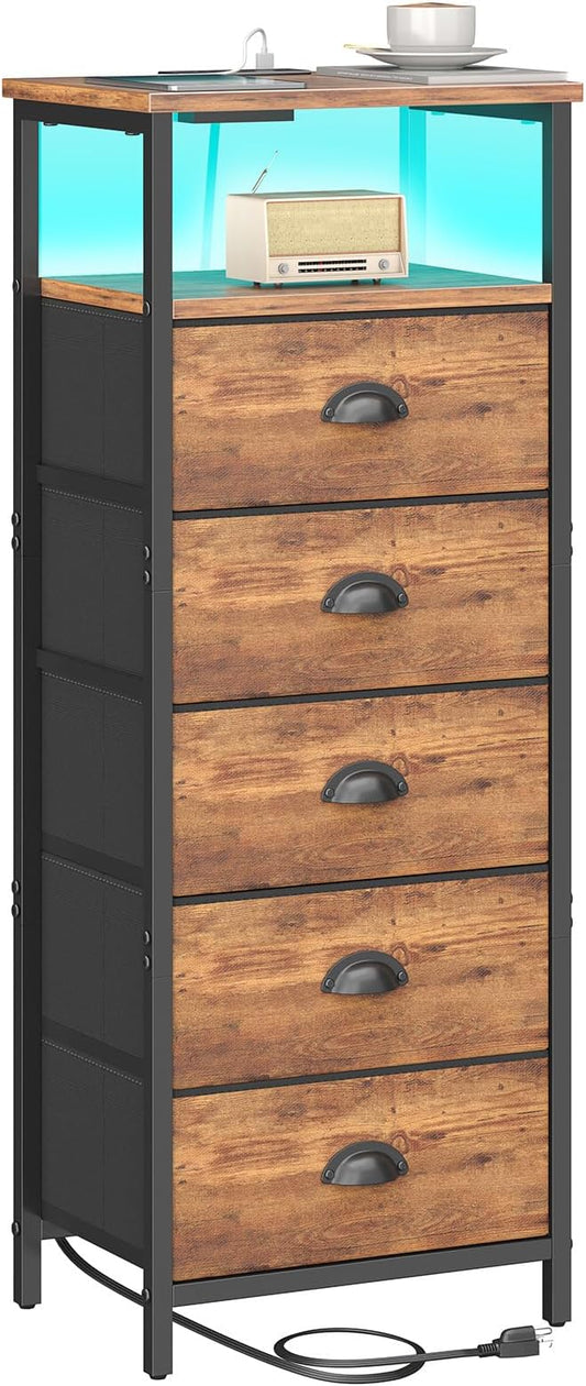 sthmec Nightstand with Charging Station,LED Night Stand with 5 Fabric Drawers, Bedside End Tables, 2-Tier Open Storage Shelf Side Table Nightstands with Drawers for Bedroom,Rustic Brown