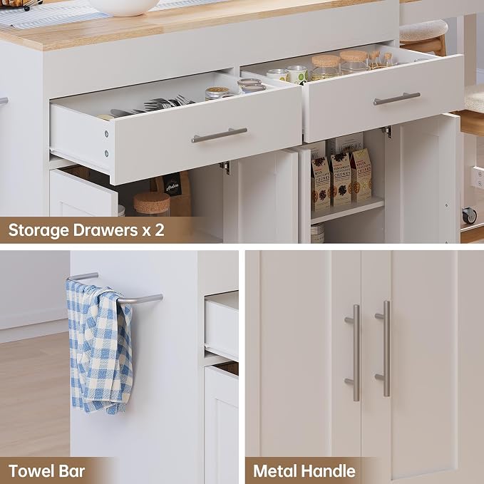 OtterOasis 78" Rolling Kitchen Island with Extendable Dining Table, Mobile Island with Storage for 2, Farmhouse Wood 4-Door Cabinet for Kitchen & Dining Room, White