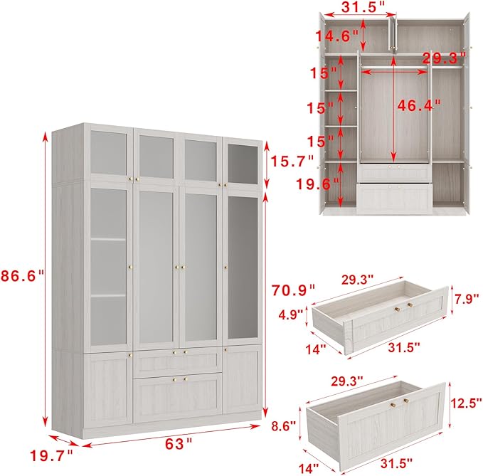 MOUMON Wide Modern Bedroom Armoires with Frosted Glass Doors and Hanging Rod, Tall Wardrobe with Drawers, Large Armoire Wardrobe Closet, Wood Grain 63" W x 19.7" D x 86.6" H