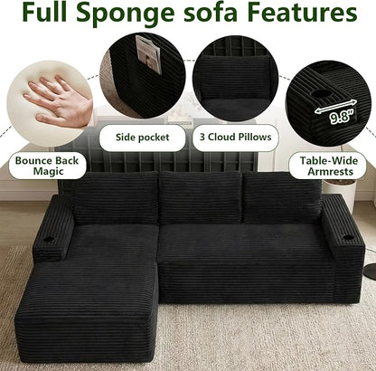 104.3" Modular Sectional Sofa,Modern Corduroy Cloud Couch with Cup Holder & Side Pockets,Boneless Couch Upholstered 3-Seater L-Shaped Sofa for Living Room,No Assembly (Black, Left-Facing Chaise) | with Cup Holder