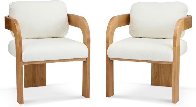 Christopher Knight Home Yorick Modern Boucle Dining Chair Set of 2 with Cushion, Solid Wood Dining Room Armchair Set, Curved Backrest Kitchen Side Chair, Living Room Comfy Extra Seat, Natural+White