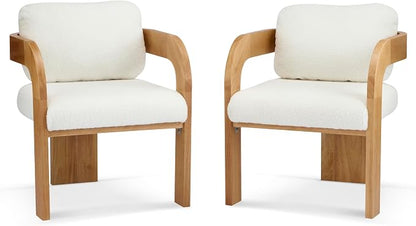 Christopher Knight Home Yorick Modern Boucle Dining Chair Set of 2 with Cushion, Solid Wood Dining Room Armchair Set, Curved Backrest Kitchen Side Chair, Living Room Comfy Extra Seat, Natural+White